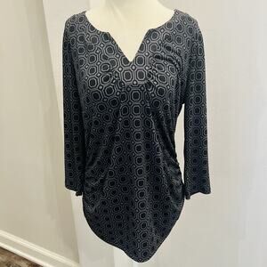 New York & Company Blouse Top L Pullover V-Neck Fitted Long Sleeve Black (A0131)